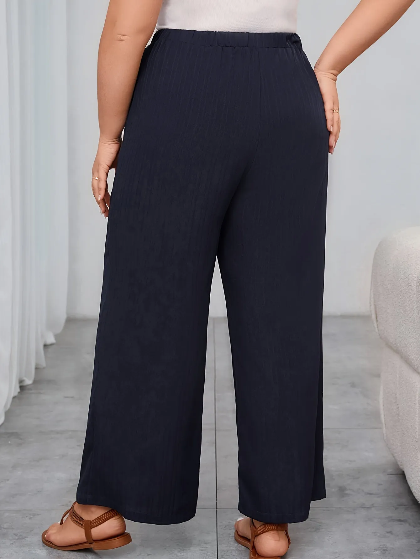 Women's Plus Solid Ribbed Elastic High Rise Wide Leg Trousers - Comfort and Sophistication Combined