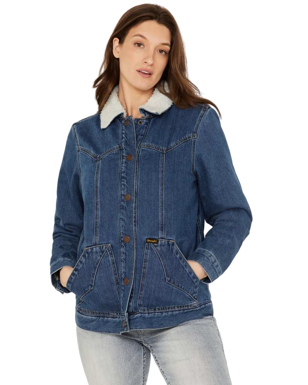 Wrangler Women's Medium Wash Denim Sherpa Lined Barn Coat