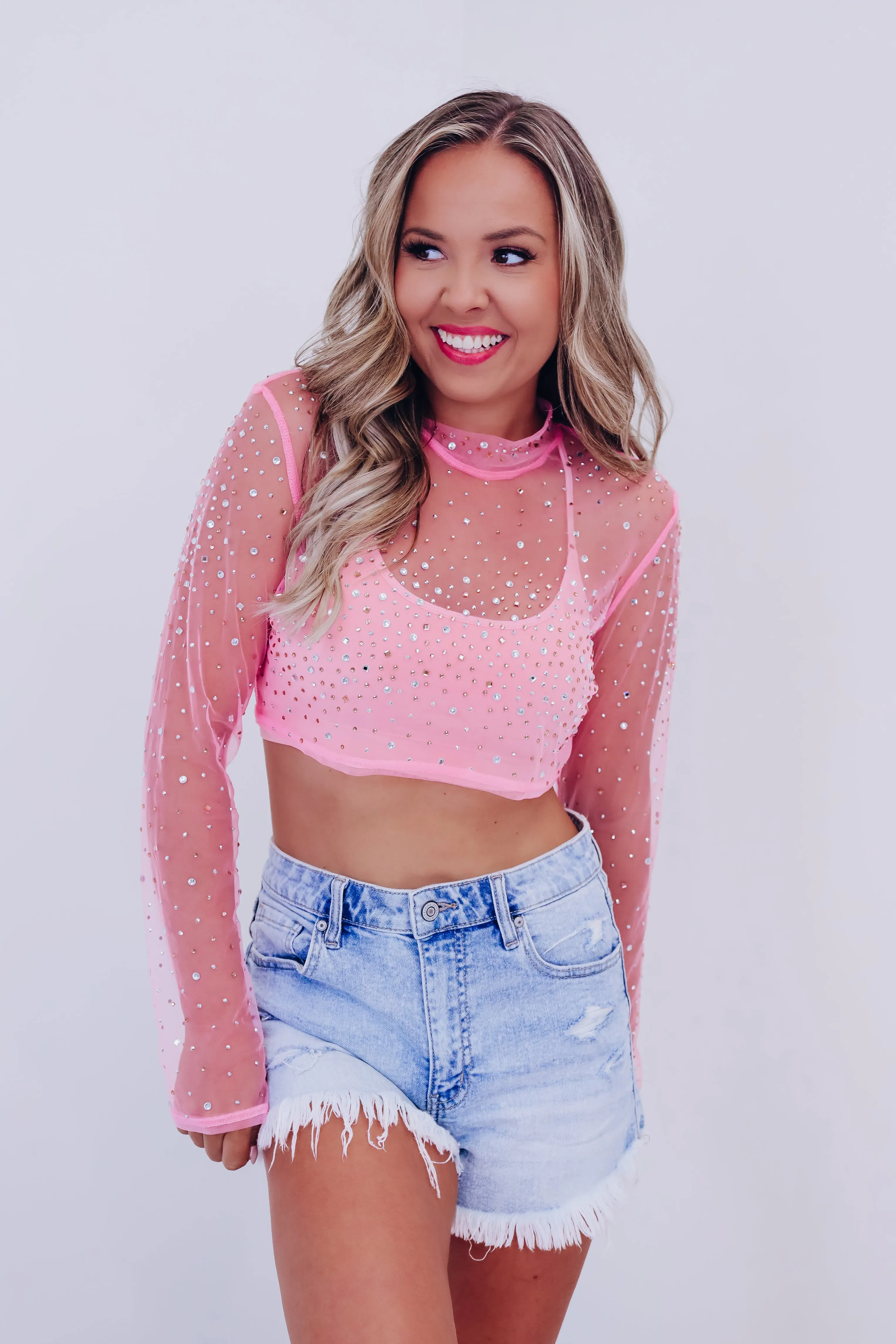 Zarha Rhinestone Mesh Crop Top - Light Pink