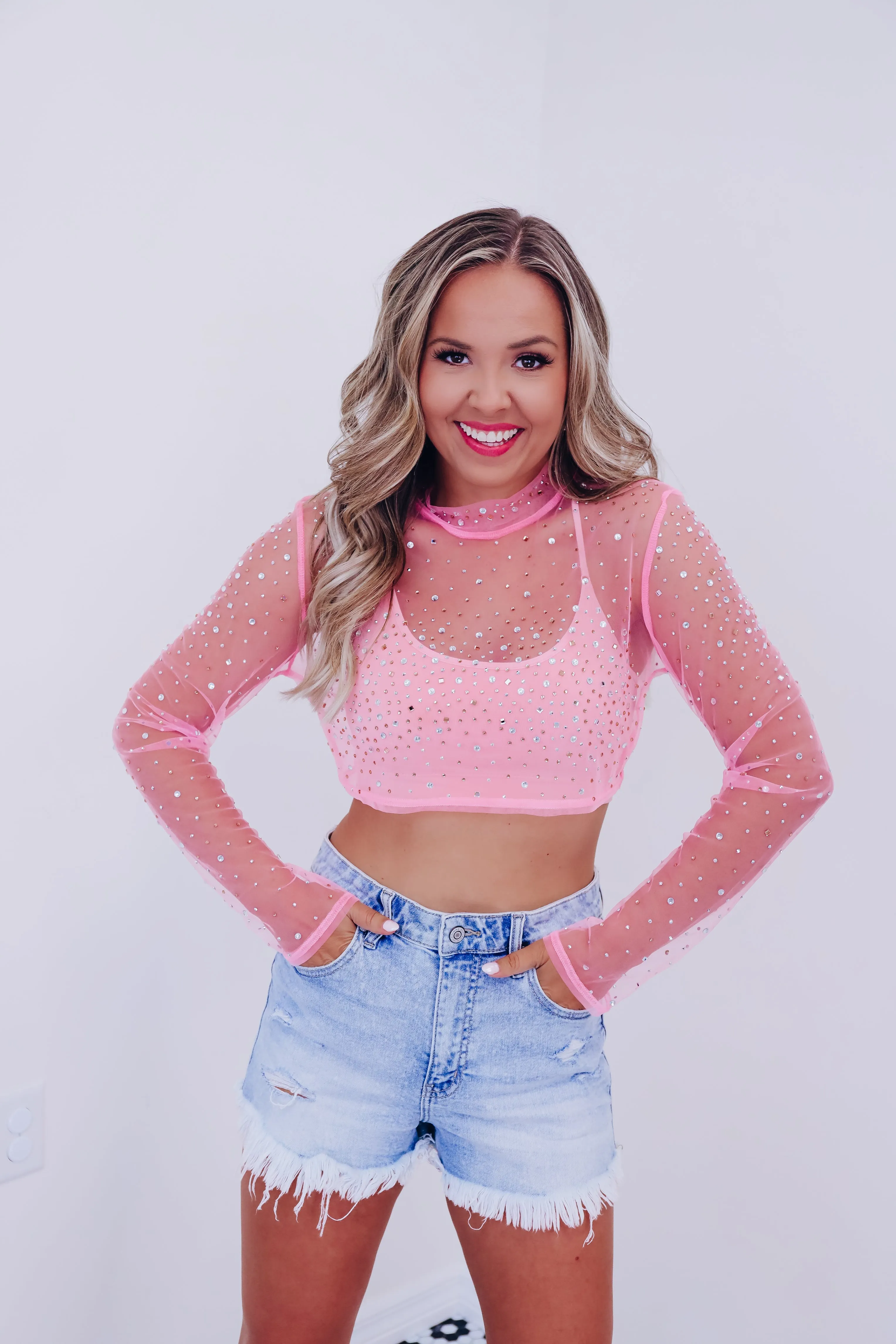 Zarha Rhinestone Mesh Crop Top - Light Pink